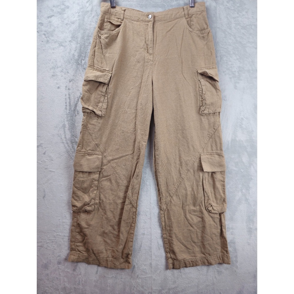 MNG Tan Cargo Wide Leg Pants Womens Size 8 Linen Blend Coastal Brown